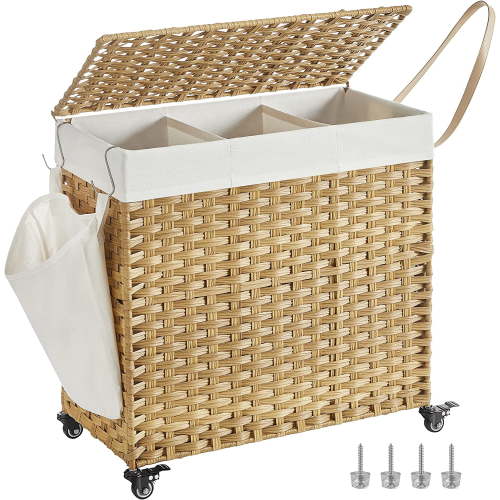 Laundry Hamper with Lid, 37 Gallons Rolling Laundry Basket with Wheels, 3-Section Synthetic Rattan Bedroom, 26 x 13 x 26 Inches, Natural