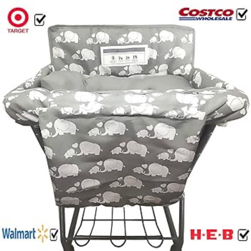 Soft Pillow Attached 2-in-1 Shopping Cart and High Chair Cover for Baby, Cotton Padded Cart Cover, Fold'n Roll Style, Portable with Carry Bag (Gray Elephant)