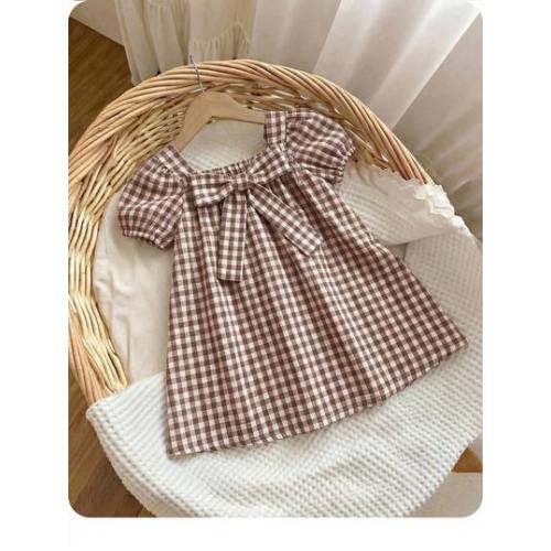 Baby Girls Gingham Bowknot Dress,White And Brown Plaid Summer Cute Party Toddler Square Neck Puff Sleeve A Line Mini Casual Loose Fit Chic Clothes | SHEIN USA