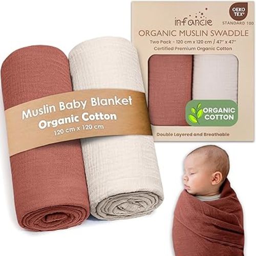 Organic Cotton Muslin Baby Blanket - 47x47 Inch Breathable Swaddle, Hypoallergenic Double-Layer, Versatile Use (Rust/Ivory, 47x47 Inch)