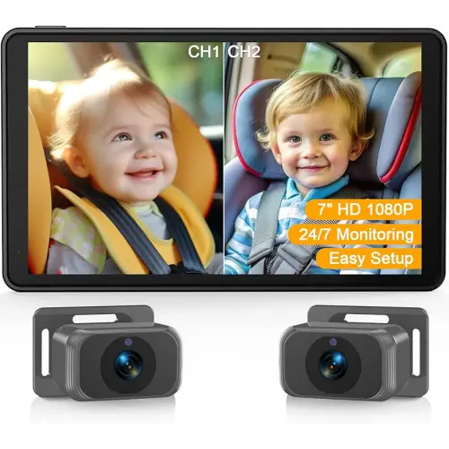 Baby Car Camera for 2 Kids - 7-Inch Split-Screen Monitor, Dual HD 1080P Cameras, Night Vision, 360° Rotatable, Easy Install Backseat Camera for Safety & Convenience - Perfect for Twins or Siblings
