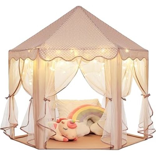 Monobeach Princess Play Tent for Girls: Brown Large Kids Castle Playhouse with Mesh Curtains & Star Lights - Indoor Outdoor Pretend Play Toys Tent - Cozy Reading Nook Gift for Toddlers & Kids