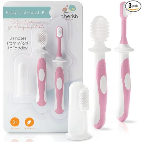 Cherish Baby Care Baby Toothbrush & Toddler Toothbrush Set (0-2 Years) - BPA-Free & Safety-Tested, 2023 Award Winner, Food-Grade Silicone (Pink)