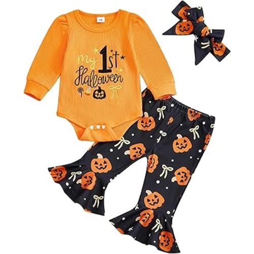 Baby Girl Outfit Infant Rib Ruffle Long Sleeve Romper Onesie Top Bell-Bottom Denim Pants Sets Cute Clothes