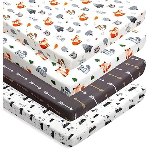 4 Pack N Play Sheets Woodland Forest Animals Wood Neutral Unisex Fitted Baby N Play Sheets Fitted for Standard Pack and Plays and Mini Cribs Set for Baby Boys or Girls