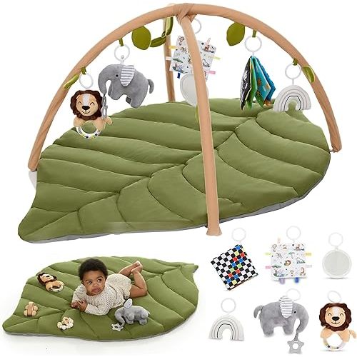 Baby Play Mat & Activity Gym - Tummy Time Mat with 6 Detachable Baby Toys | Oversized Leaf Modern Design Baby Play Gym | Perfect Baby Shower Gifts/Baby Must Haves - Developmental Activities for Baby