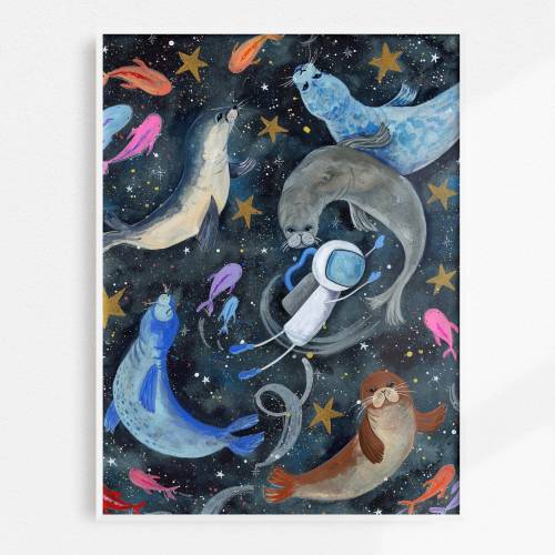 Astronaut Swimming in Space | Watercolor Celestial Nursery Print | Quirky Seals Nautical Astronaut Decor | Space Art Children's Illustration