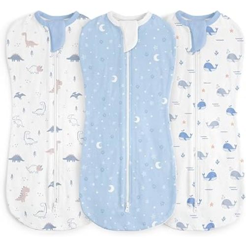 Baby Swaddle 0-2 Months, Cotton Arm-In Zipper Sleep Sack, Wearable Blankets Wrap for Newborn Infant Boys (Dinosaur, Star Moon, Whale, Pack of 3)