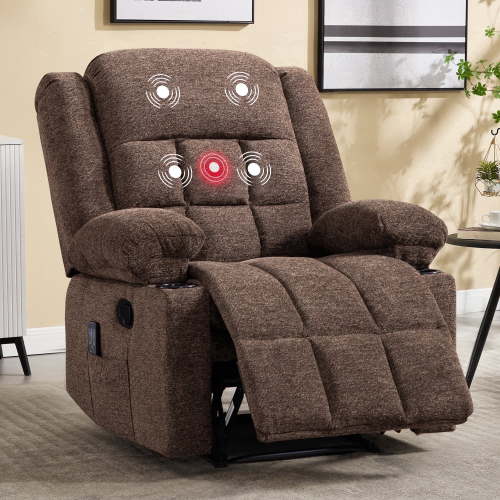 Ebello Fabric Recliner Chair, Massage and Heat, Cup Holders, Side Pockets, Brown Linen