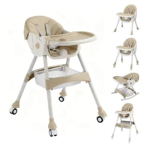 Halicool Adjustable 6-in-1 Convertible Baby High Chair, Khaki and White, Double-Layered Tray with Game Board, Bpa-Free Food Grade Material, Portable with Wheels
