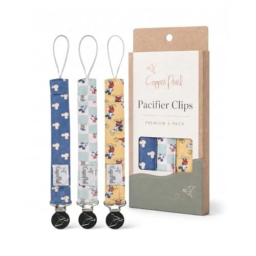 Copper Pearl 3-Pack Pacifier Holders: Premium Knit Binky Clips for Baby Girls and Boys - Stylish Stainless Steel Design for Secure No-Drop Attachment - Mickey Mouse & Friends