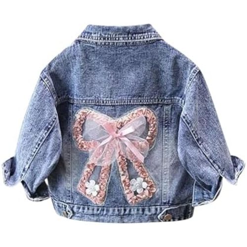 Bow Jean Jacket for Girls Toddler Kids Lace Cute Denim Outwear Retro School Lightweight Buttons Long Sleeve Pocket Coat