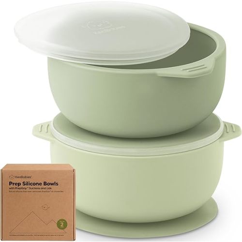 KeaBabies 2-Pack Baby Bowls with Suctions, Lids, BPA-Free Silicone (Sage) | Toddler Suction Bowls for Baby Boys, Girls, Kids, Food Grade Silicone, Dishwasher Safe, BLW Feeding, Baby Eating Essentials