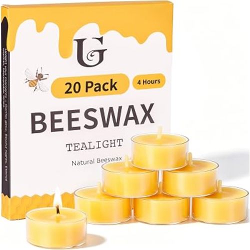 Beeswax Tealight Candles, 4 Hour Non Toxic Tea Lights Candles, 20 Pack Unscented Small Votive Yellow Tea Candle, Natural Clean Burning Beeswax Candle for Home Decor Meditation Prayer Emergency