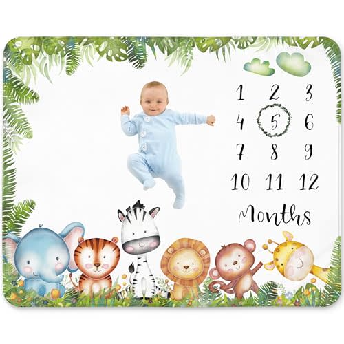 Safari Milestone Blanket for Boy – Jungle Animals Theme, Monthly Tracker with Wreath, Soft Fleece 50x40, Newborn Photo Prop, Cute Nursery Decor for New Moms