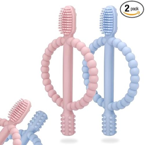 MISSLILI Baby Teething Toys with Easy-Hold Handle, Infant Toothbrush | Textured On Both Sides Helps Massage, Soothe Sore Gums, Silicone Teething Toys for Babies 0 3 6 12 36 Months Bright.