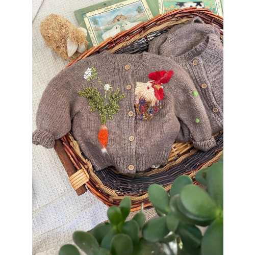 Hand-Knitted Merino Wool Baby Cardigan with Embroidered Rooster and Vegetables
