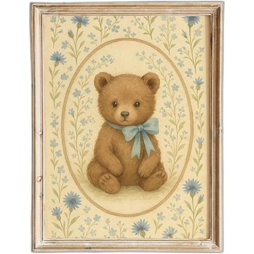 Vintage teddy bear nursery print with blue bow for baby boy, classic framed wall art, soft cream background, charming nursery decor for a timeless kids room