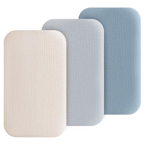 Muslin Bedside Sleeper Bassinet Fitted Sheets, 3 Pack Cotton Baby Sheet for Boys & Girls, Soft, Compatible with Baby Delight, Dream On Me, AMKE and Other Rectangle Mattress (Blue)