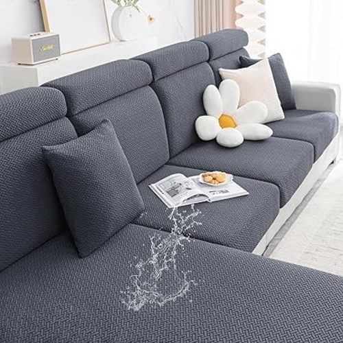 Smiry Waterproof Couch Cushion Covers, Stretch Jacquard Thick Sofa Cushion Covers, Washable Seat Cover Slipcover Elastic Furniture Protector for Pets, Kid (2PC, Grey)