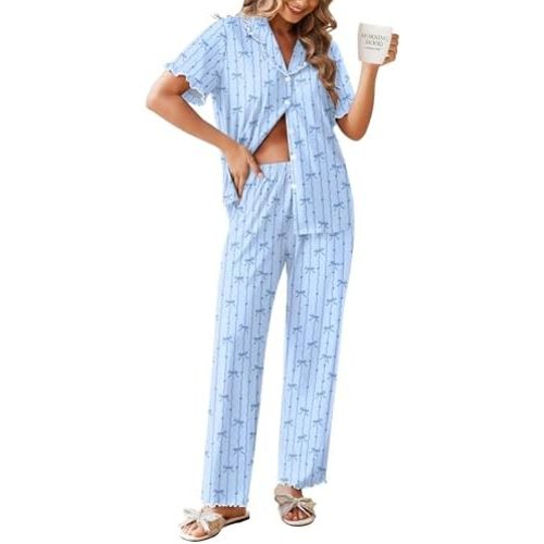 Ekouaer Womens Pajama Sets Short Sleeve Printed PJs Button Down Sleepwear
