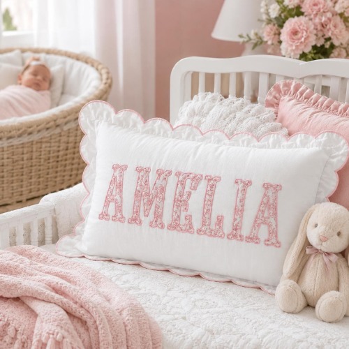 Custom Embroidered Name Pillow Cover, Personalized Nursery Pillowcase, Floral Letter Baby Pillow Cover, Scalloped Baby Room Decor Gift
