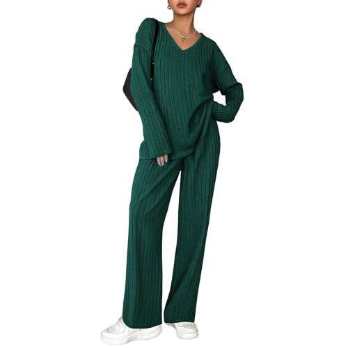 Ekouaer Lounge Sets for Women Long Sleeve Knit Ribbed Pajama Sets 2 Piece Casual Loungewear with Pockets