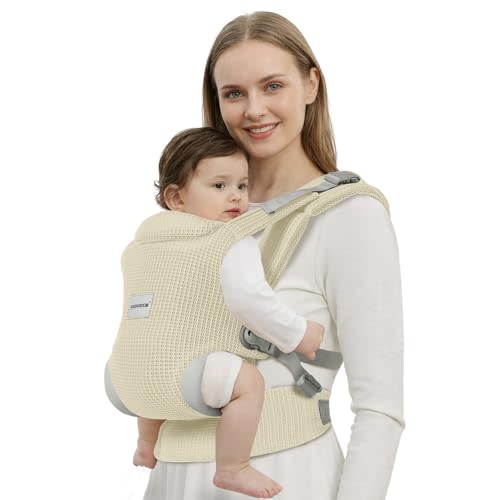 MISSWISDOM Baby Carrier Newborn to Toddler, Easy Adjustable Toddler Carrier for 7-30lbs, Baby Holder Wrap Carrier, Breathable Mesh Fabric Infant Kangaroo Hip Carriers with Lumbar Support, Beige