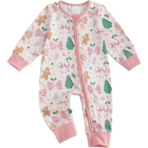 Newborn Baby Boy Girl Christmas Outfit Christmas Tree/Gingerbread Man Zipper Jumpsuit Romper Infant Fall Xmas Clothes