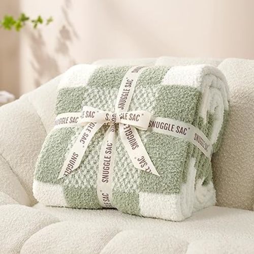 Snuggle Sac Checkered Blanket, Sage Green Throw Blanket for Couch Plaid Microfiber Fluffy Warm Cozy Fuzzy Soft Throw Blanket Reversible Checker Blankets for Sofa, Chair, Bed, 60x80 inches