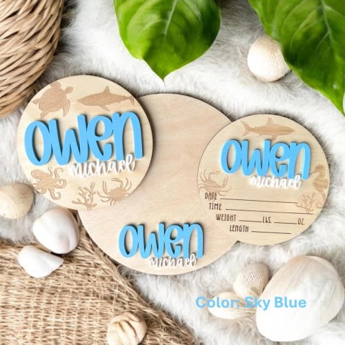 Baby Announcement Sign w/ Ocean Theme, Birth Announcement Round, Stat Sign Personalized Baby Name Sign, Sharks, Fish, Baby Room Decor