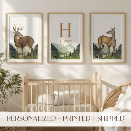 Woodland Deer Nursery Decor Personalized Print Set of 3 Nature Boy Nursery Wilderness Baby Monogram Art Print Forest Print Nursery Name Boy