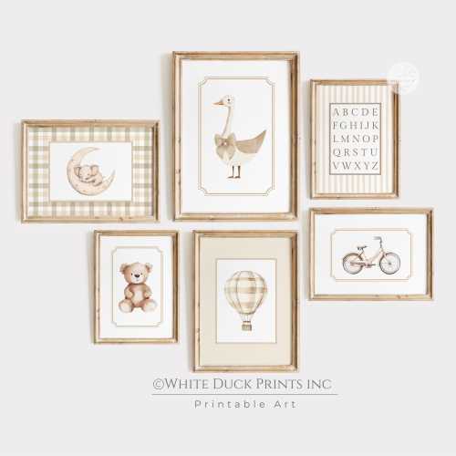 Gender Neutral Nursery Gallery Wall Art Set of 6 Soft Beige Nursery Decor Teddy Bear Print Goose Nursery Vintage Travel Art Alphabet Poster