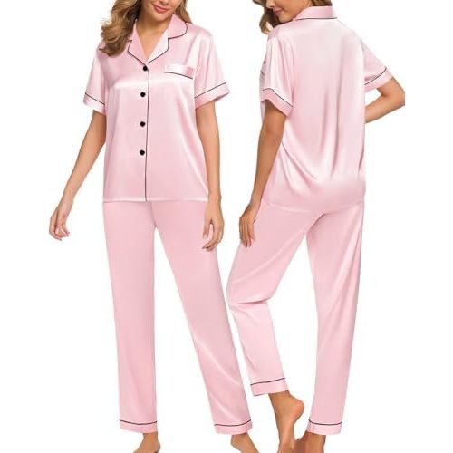 SWOMOG Women Satin Pajamas Set Short Sleeve Top & Pants Sleepwear Silky Button Down Nightwear 2pcs Loungewear Pjs Set