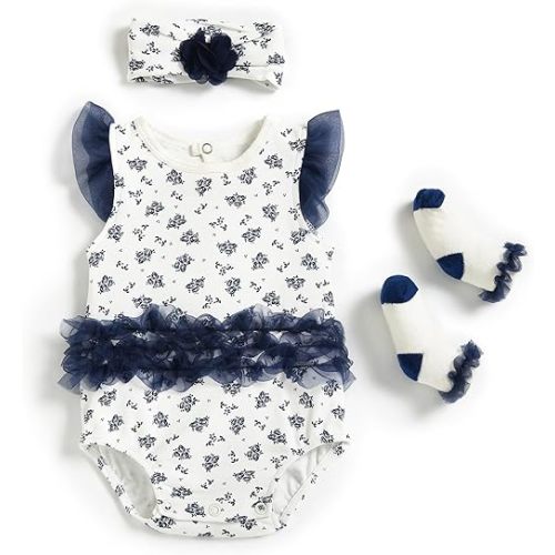 Baby Girl Bodysuits Romper with Lace Trim Super Cute One-piece Clothes with Socks and Hairbands