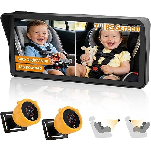 Baby Car Camera for 2 Kids, 7.1" Ultrawide Split Screen, 1080P Dual Carseat Cameras with Auto IR Night Vision/150° Wide View/360° Rotatation, USB Power for Car, SUV, RV/Babies,Pets