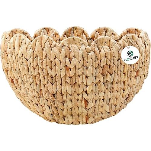 Wicker Wall Basket,Scalloped Wall Basket for Home Decor and Organizer,Water Hyacinth Woven Hanging Storage Baskets for Front Door,Mail,Flowers,Bathroom,Entryway,Nursery