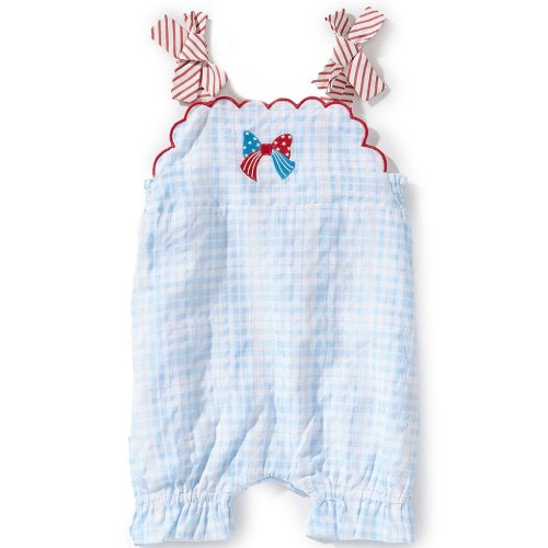 Rare Editions Baby Girls Sleeveless Bow-Embroidered Gingham-Checked Romper
