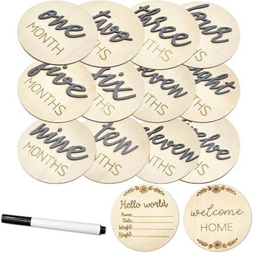 Baby Monthly Milestone Cards 6 Pcs 3D Double-Sided Wooden Cards with 1 Pcs Hello World Newborn Sign & Pen, Gender Neutral Newborn Photo Props for Baby Boys Girls Baby Shower Gifts