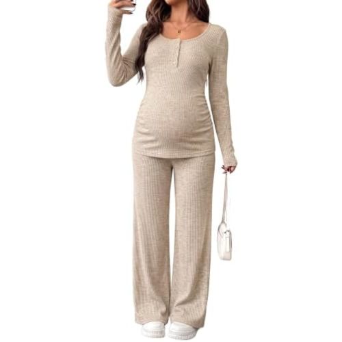 BLENCOT Maternity Clothes Ribbed Long Sleeve Sets Button 2 Piece Outfits