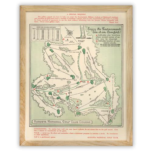 Vintage Augusta National Golf Course Map 1954 – Framed Golf Wall Art for Office or Home – Classic Masters Golf Decor Print for Golfers – 11x14 Framed Poster Ready to Hang