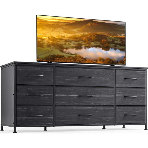 EnHomee Wide Dresser TV Stand Combo, 9 Drawer Storage Organizer, Media Chest for Bedroom Living Room, Black
