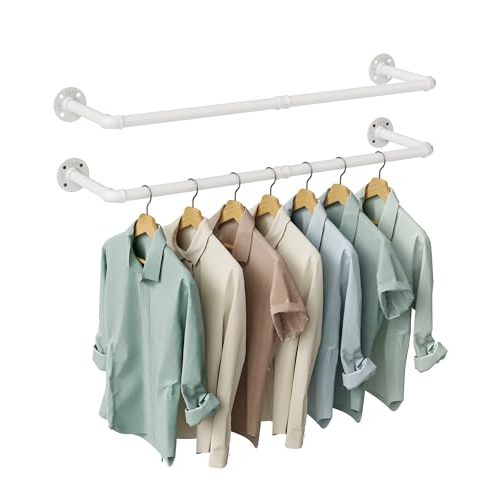 OROPY Industrial Pipe Clothes Rack Wall Mounted Set of 2, 38.4 inches Heavy Duty Iron Pipe Clothing Garment Rail, Multi-Purpose Clothing Hanging Rod for Laundry Room and Closet Storage, White