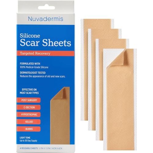 NUVADERMIS Silicone Scar Sheets - Extra Long Scar Sheets for C-Section, Tummy Tuck, Keloid, and Surgical Scars - Reusable Medical Grade Silicone Scar Sheets - Pack of 4 - Light Tone