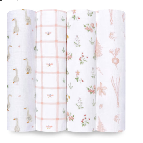 aden + anais Essentials Baby Muslin Swaddle Blankets, Newborn Receiving Blanket for Swaddling, 100% Cotton Baby Swaddle Wrap, 4 Pack, Country Floral