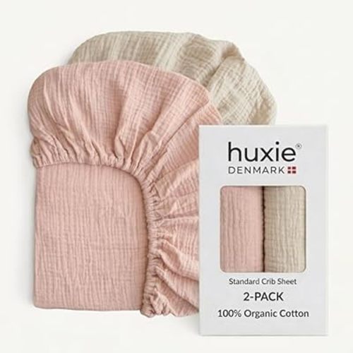 Crib Sheets – Organic Cotton Muslin Fitted Crib Sheet – Standard Size for Baby Boy and Baby Girl 28" x 52" Ultra-Soft and Breathable- 2-Pack (Fog/Blush)