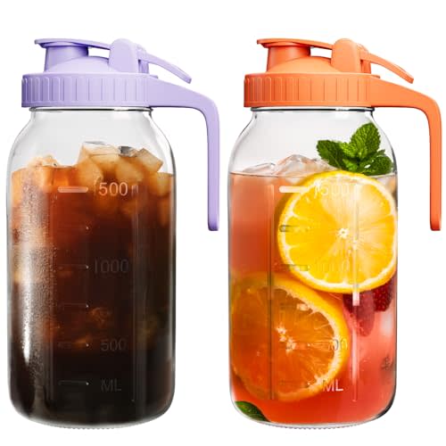 Mason Jar Pitcher Set of 2, 64oz (2quart) Glass Pitcher with Lid for Tea | Airtight, Leak proof, Ergonomic Handle, Pour Spout Lid, Fridge Safe, for Sun Tea, Iced Tea, Cold Brew, Lemonade, Outside