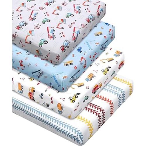 VitalCozy 4 Pcs Construction Truck Crib Sheet Set Baby Sheet Newborn Bedding Nursery Crib Sheets for Girl Boys Baby Gifts for Standard Crib and Toddler Mattresses, 52 x 28 x 8 Inches
