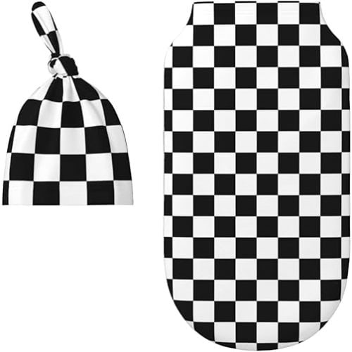 Black White Race Checkered Flag Pattern Baby Newborn Swaddle Blanket with Beanie Hat Set, 100% Cotton Receiving Blankets Sleep Sack for Boy & Girl Newborn Shower Gift