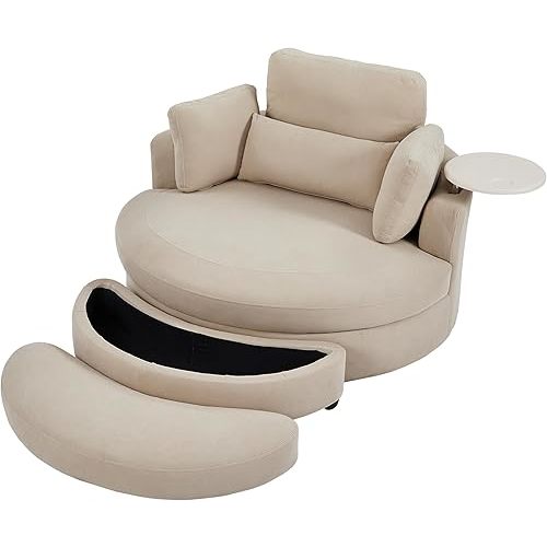 DEINPPA Swivel Accent Chair with Armrest Tray, Round Barrel Chairs with Ottoman for Living Room Bedroom-Corduroy Fabric-Beige
